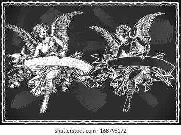 Detailed illustration of a Angel with Holding a Banner on Vintage BlackBoard