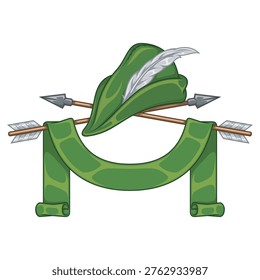 A detailed illustration of arrows surrounded by a ribbon next to a classic archer hat. Vibrant colors highlight the feathers and fabric texture in a traditional style.