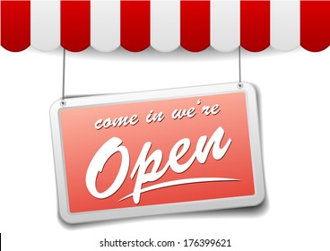 detailed illustration of awnings with a red shop sign with information welcoming visitors, eps10 vector