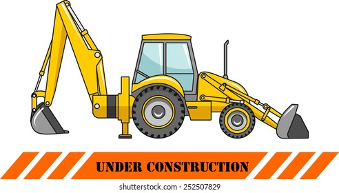Detailed illustration of backhoe loader, heavy equipment and machinery