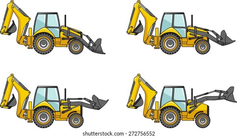 Detailed illustration of backhoe loaders, heavy equipment and machinery