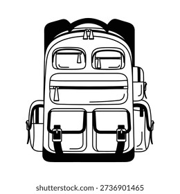 A detailed illustration of a backpack with multiple pockets and compartments. Vector
