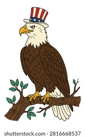 Detailed illustration of bald eagle featuring american flag top hat perched on tree branch. Patriotic wildlife icon.