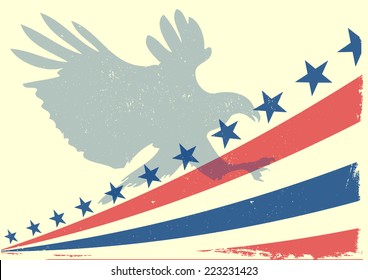 detailed illustration of a bald eagle silhouette in front of a grungy stars and stripes backbround, eps 10 vector