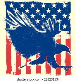 detailed illustration of a bald eagle silhouette in front of a grungy stars and stripes backbround, eps 10 vector