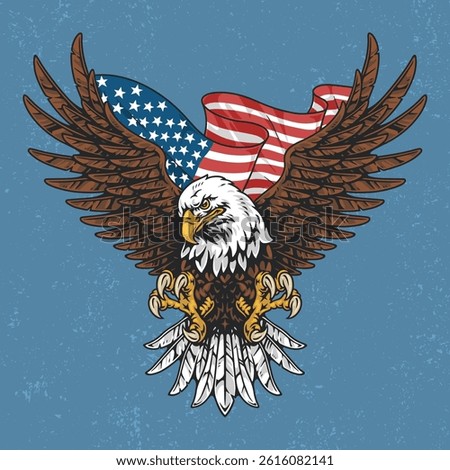 A detailed illustration of a bald eagle wings spread wide clutching talons. The eagle is set against a backdrop featuring the American flag showcasing national pride.