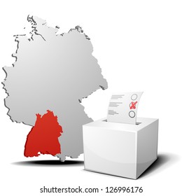 detailed illustration of ballot box in front of a 3D outline of Germany with a red marked province Baden-Wuerttemberg, eps 10