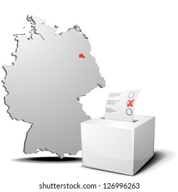 detailed illustration of ballot box in front of a 3D outline of Germany with a red marked province Berlin, eps 10