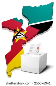 detailed illustration of a ballotbox in front of a map of Mozambique, eps10 vector