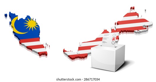 detailed illustration of a ballotbox in front of a map of Malaysia, eps10 vector