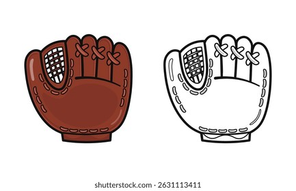 A detailed illustration of a baseball glove in both color and black-and-white outlines.