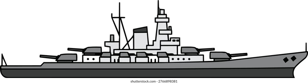 A detailed illustration of a battleship, showcasing its multiple turrets and overall design, perfect for historical or naval themes.