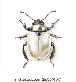 Uma ilustração detalhada de um besouro, visto de cima, exibindo uma cabeça metálica, capas de asa cremosas e pernas e antenas detalhadas.