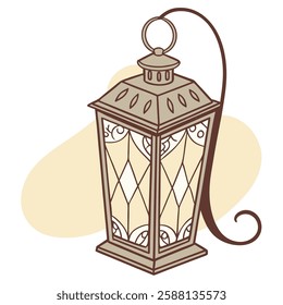 Detailed illustration of a beige lantern featuring diamond windows and decorative accents, casting soft light This vector is ideal for adding a touch of vintage charm to designs.