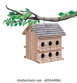 Detailed illustration of a birdhouse hanging from a branch.
