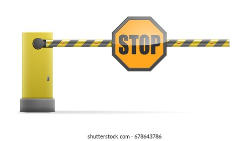 Detailed Illustration Of A Black And Yellow Striped Car Barrier With Stop Sign, Eps10 Vector