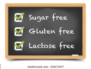 detailed illustration of a blackboard with sugar, gluten, lactose free text and checkboxes, eps10 vector, gradient mesh included