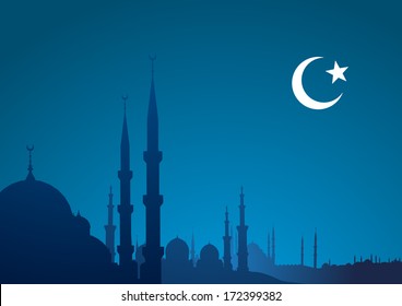 detailed illustration of a blue religious background with mosque and crescent moon, eps10 vector