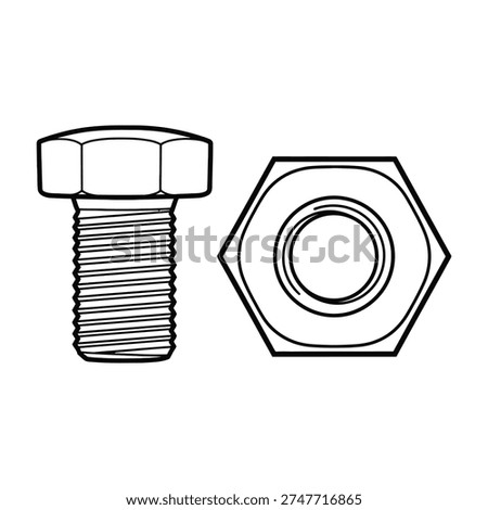 Detailed illustration of a bolt and nut hardware fasteners engineering drawing technical design