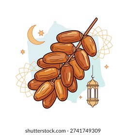 A detailed illustration of a branch laden with dates, a staple food during Ramadan, showcasing its cultural significance.
