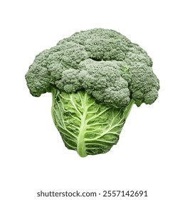 A detailed illustration of a broccoli head showcasing its green florets and leafy base.