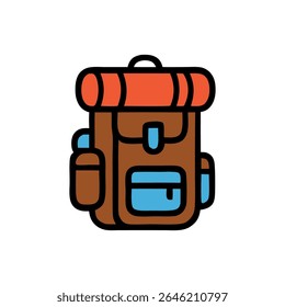 A detailed illustration of a brown backpack with blue and orange accents, perfect for hiking.