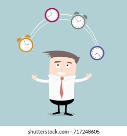detailed illustration of businessman juggling with clocks, concept of time management, eps10 vector