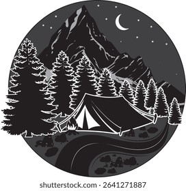 A detailed illustration of a campsite under a starry night sky, featuring a tent, campfire, and mountain range.
