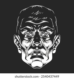 A detailed illustration captures the expression of shock and fear on a man's face. The dark background enhances the dramatic features and highlights the character's intense gaze.