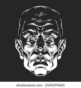 A detailed illustration captures the expression of shock and fear on a man's face. The dark background enhances the dramatic features and highlights the character's intense gaze.