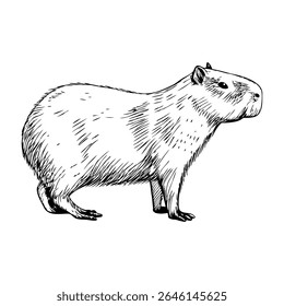 A detailed illustration of a capybara, showcasing its round body, short legs, and distinctive facial features. The animal stands on all fours, displaying its fur texture.
