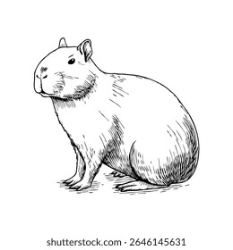 Uma ilustração detalhada de uma capivara, mostrando seu corpo redondo, pernas curtas e orelhas pequenas. O animal é representado em posição sentada, com uma expressão neutra.