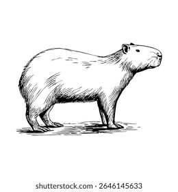A detailed illustration of a capybara, showcasing its round body, short legs, and distinctive facial features. The animal stands on a flat surface.