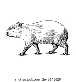 Uma ilustração detalhada de uma capivara andando. O animal tem um corpo forte, pernas curtas e uma cabeça arredondada. O seu pelo é grosseiro e de cor castanha clara.
