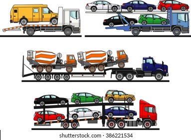 Detailed illustration of car auto transporters on white background in flat style.