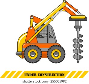 Detailed illustration of car with a drilling rig, heavy equipment and machinery