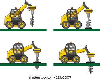 Detailed illustration of car with a drilling rig, heavy equipment and machinery