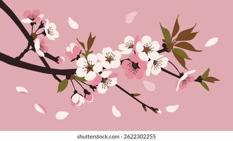 A detailed illustration of a cherry blossom branch, featuring pink and white flowers, buds, leaves, and falling petals against a pink backdrop.