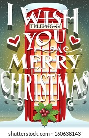 Detailed Illustration of a Christmas Greeting Card with English Red Telephone Cabin 