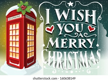 Detailed Illustration of a Christmas Greeting Card with English Red Telephone Cabin 