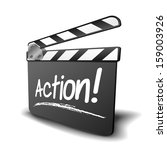 detailed illustration of a clapper board with action term, symbol for film and video