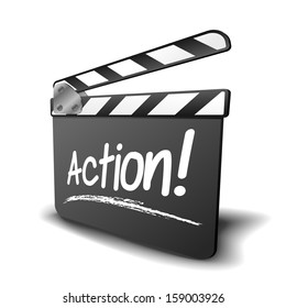 Detailed Illustration Of A Clapper Board With Action Term, Symbol For Film And Video