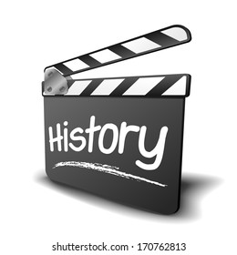 detailed illustration of a clapper board with history term, symbol for film and video genre