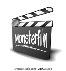 detailed illustration of a clapper board with Monsterfilm term, symbol for film and video genre, eps10 vector