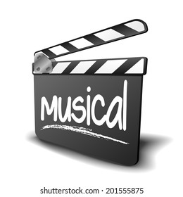 detailed illustration of a clapper board with musical term, symbol for film and video genre, eps10 vector