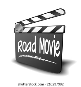 detailed illustration of a clapper board with Road movie term, symbol for film and video genre, eps10 vector
