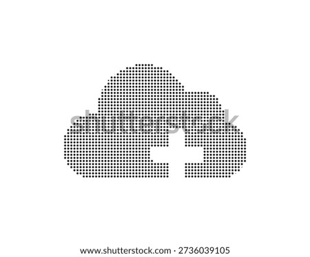 Detailed illustration of a cloud with a plus sign, made from small black dots, on a clean white background