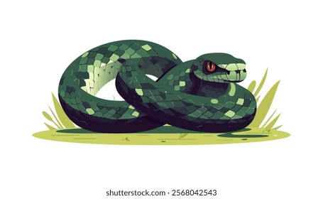 A detailed illustration of a coiled green snake with red eyes and patterned scales, resting on grass, symbolizing danger, wildlife, and reptiles.  