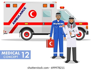 Detailed illustration of colored and black silhouettes muslim car ambulances in a flat style on a white background. Vector illustration.