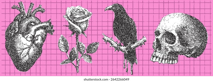 Detailed illustration combines a human heart, a blooming rose, a raven perched on a branch, and a skull, all set against a bold pink grid background enhancing the contrast.